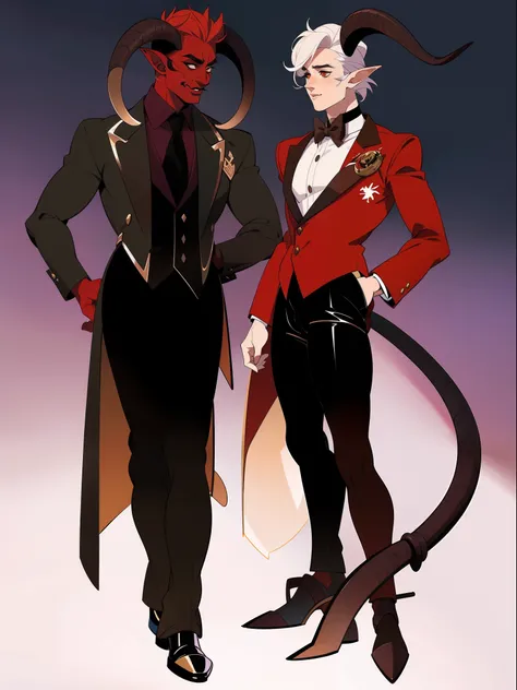 ((1male)) character concept adopt, male ,handsome , tiefling, horns, strict suit and shirt, red skin, make-up., fullbody