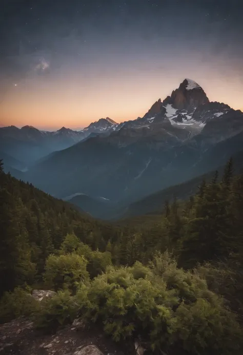 The milkyway shining over the tallest mountain peak as the last bit of sunlight dims over the furthest mountain regions