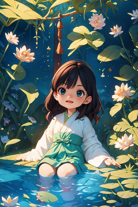 （best qualtiy，tmasterpiece，Hyper-realistic），1 beautiful and delicate portrait of a girl，Playful and cute，Pink Hanfu, Moon,Chao yang, sonoko, Bamboo, water lily, hot onsen, vapour, (illustration: 1.0), Epic composition, Realistic lighting, HD details, Maste...