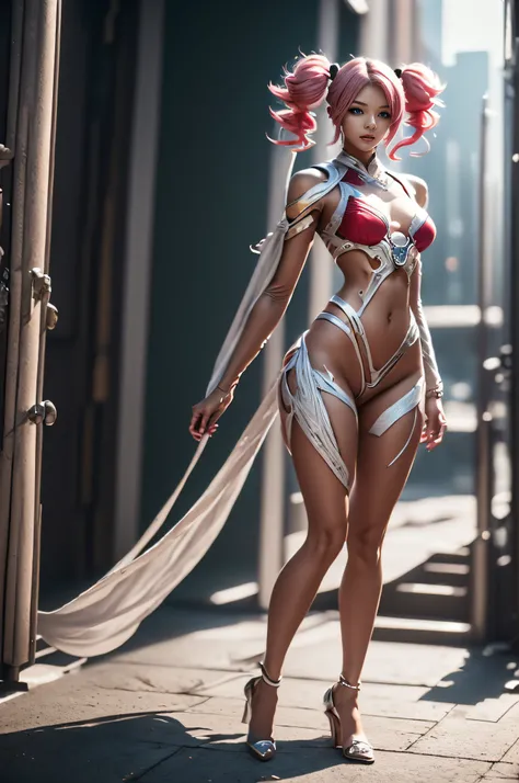 (((full body shot))), ((Top Quality, 16k, Masterpiece: 1.3)), photorealistic, extremely detailed CG unity 8k wallpaper, Depth of field, Cinematic Light, photorealistic, 3D, UHD, intense lighting, lens flare, woman in a futuristic outfit posing for a pictur...