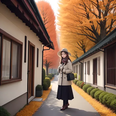 Autumn trees々and flowers、Dressed in autumn clothes、Fashionable European women、Residential area