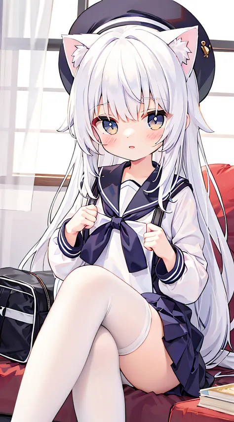 tmasterpiece，best qualityer，Cat-eared girl with white hair，Straight ahead，Viewers POV，hands out，adolable，sailor outfit，校服