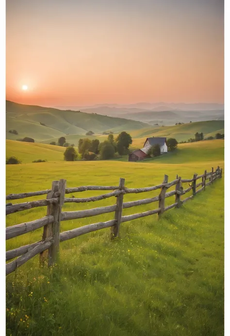 A farmers field on rolling hills in a valley surounded by mountains, sun setting in the distance, an old wooden fence acting as leading line towards a red barn in the distance, 8k, micro-details, photorealism, photorealistic, cinematic light