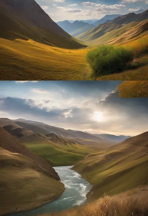 Aalfid view of the valley，A river runs through it, a matte painting by Alexander Runciman, shutter inventory, Process art, film Silk Road landscape, Stunning landscape, breathtaking landscape, Majestic nature, Mongolia, Landscape scenery, amazing landscape...