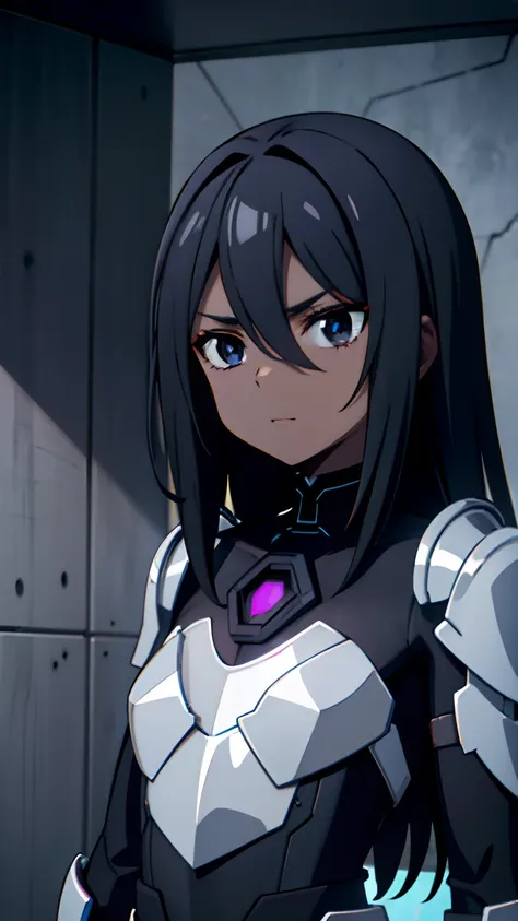 1 girl, black skin tone, petite, small chest, futuristic armor, black eyes, Evil Aura, Cursed Armor