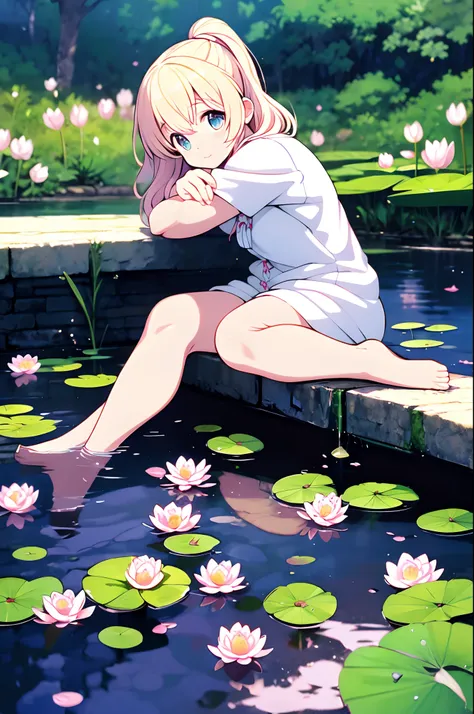 There is a girl sitting on a leaf, (White clothes), Fresh color scheme, There are stuffed animals, Guvez style artwork, popular in CGSTATION, illustratio:Li Song, soft anime, Lying on a mat of water lilies, Sitting on a lotus flower, Cute and detailed digi...