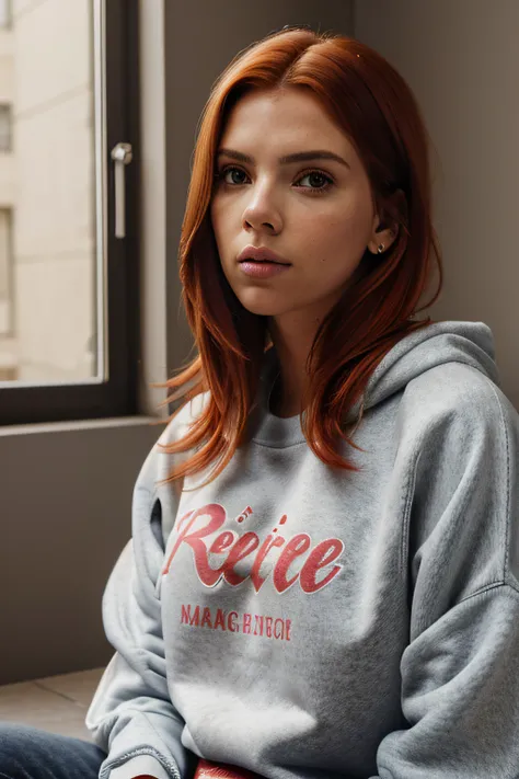 (((sweatshirt sexy))), ((realistic lighting, melhor qualidade, 8k, master part: 1.3)), Clear focus: 1.2, 1Menina como Scarlett Johansson, Beleza facial Perfeita: 1.4, ((red hair)), (home: 1.1), Cara super fina, Olhos Finos, double eyelids, Desejo Puro, ins...