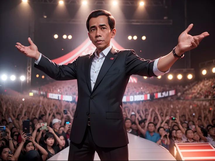 make me a realistic 3D poster of Indonesian President Jokowi as a model appearing on stage for many spectators and photographers