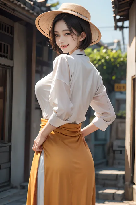 Smile full of happiness、((Looks happy:1.3))、、Panting face、Lacking、Sweating、Expression in a state of excitement、short-hair、eye glass、Photorealistic, masutepiece, Photorealistic, High resolution, Soft light, hips up high, Nhat Ping, hat, traditional Vietname...