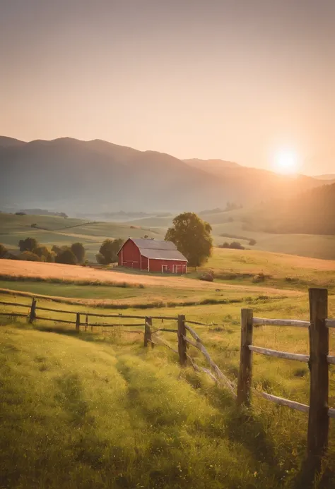 A farmers field on rolling hills in a valley surounded by mountains, sun setting in the distance, an old wooden fence acting as leading line towards a red barn in the distance, 8k, micro-details, photorealism, photorealistic, cinematic light, golden hour, ...