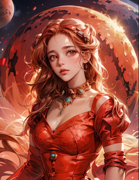 "Highres, Close-up, Whimsical, Artistic, A cute girl as a planet Mars, beautiful red dress, Cosmic Mars background, Planetary details, Gravitational pull, Shimmering atmosphere,