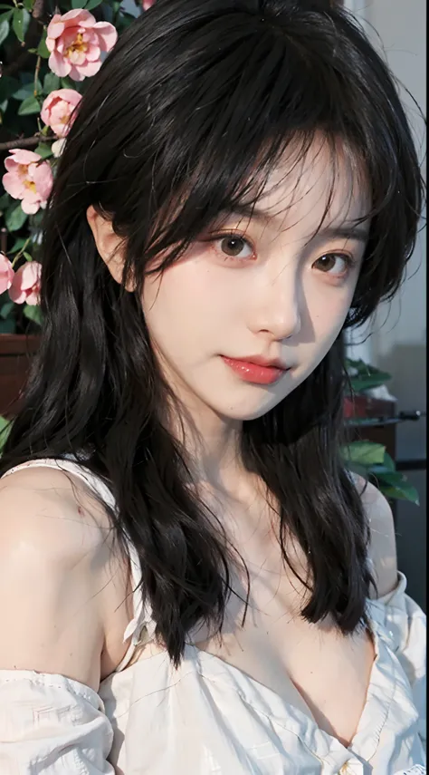 best qualtiy， 超高分辨率， （realisticlying：1.4）， 1 girl， A pair of peach blossom eyes，Off-shoulder white shirt，   （Faded gray-gray hair：1.4）， （big cleavage breasts：1.2）， closeup cleavage ，