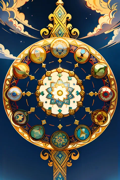 A round ornamental mandala made of light rays from heaven, surrounded by puffy white clouds.