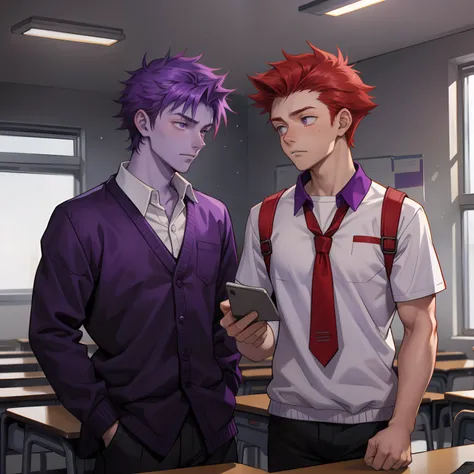 A 15-year-old red-haired boy, purple skin, Hes in the classroom telling his best friend a sad story.....