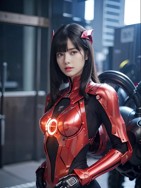 （Fight against mechanical robot soldiers）、top-quality、​masterpiece、超A high resolution、(Futuristic machine gun、holding knive),（Wearing a futuristic hat）、(Photorealsitic:1.4)、Raw photo、女の子1人、Black hair、glowy skin、((1 Mechanical Girl))、((super realistic detai...