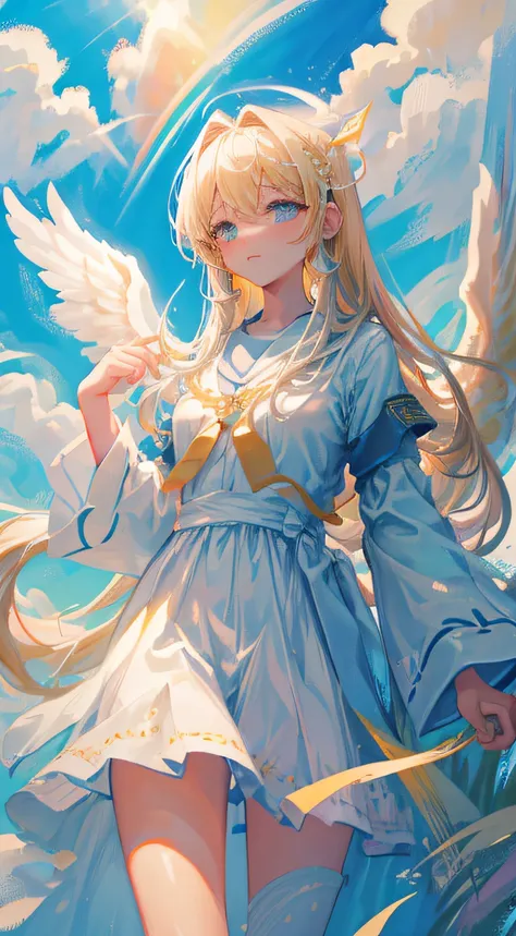 an angel flying in the clouds, gorgeous clouds,cute angel, angelwings, wind,relaxing atmosphere, calm, peace,rainbow, perfect face, expressive eyes, BREAK this is a holy image, the painting pass a calm feeling,is award winner image, the image transmit a sy...