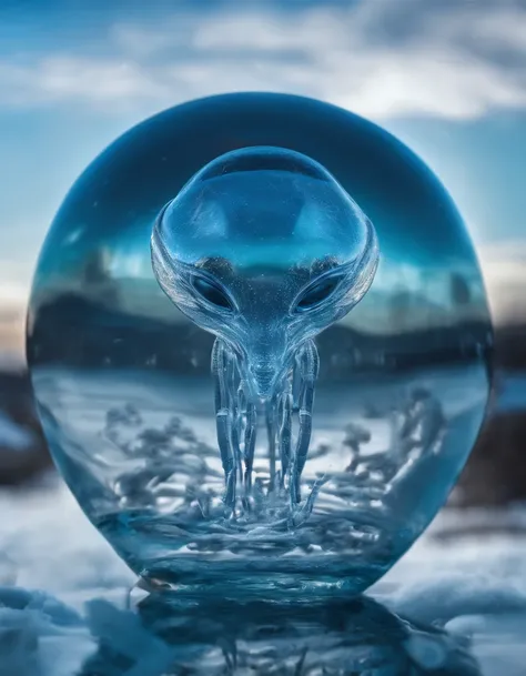 glass transparent apple floating over clear water, running man on the Sphere glass , winter, blue sky,