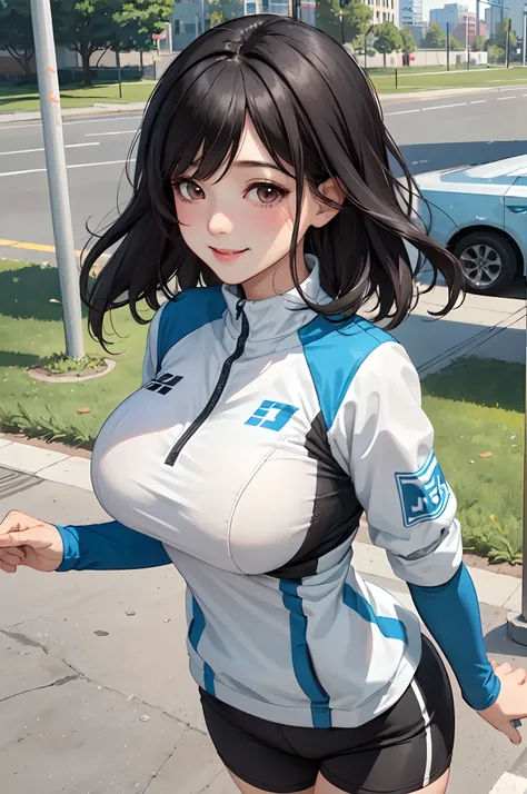 /(park outdoors/), 1lady solo, /(running jersey/), mature female, /(black hair/) bangs, blush kind smile, (masterpiece best quality:1.2) delicate illustration ultra-detailed, large breast