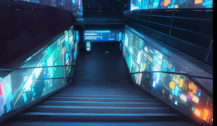 There is a staircase with many lights, futuristic cyber subway station, futuristic cyberpunk tokyo night, arstation e bipe altamente, pintura digital futurista, estilo cyberpunk hiper-realista, em cyberpunk city, style hybrid mix of beeple, 3 d render bipe...