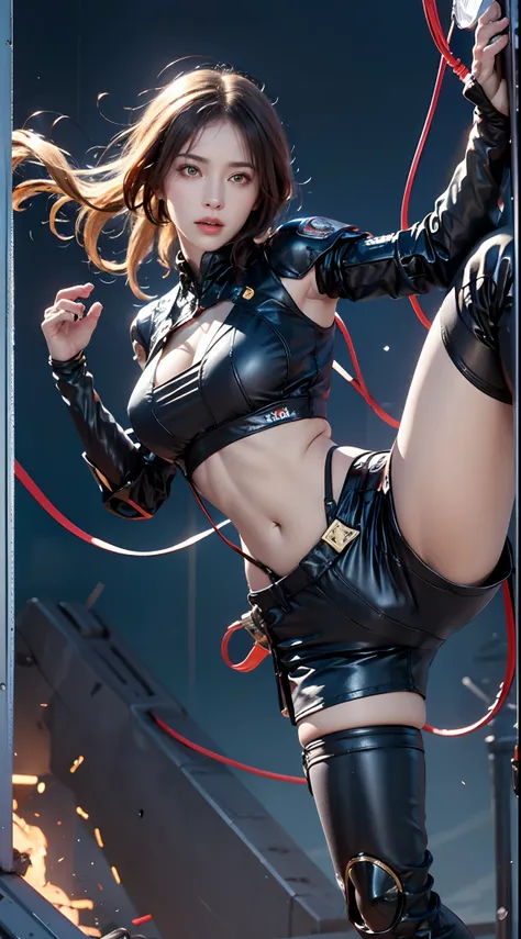 photorealistic, high resolution, 1women, mature female, solo, hips up, robot, anatomically perfect woman,carbon fiber,tactical, black metal, wiring,glowing eyes,artificial muscle,exposed machinery, full robot body, Kicking the neck, shorts, high chest kick...