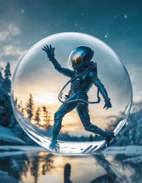 running man on the Sphere glass ,, glass transparent apple floating over clear water,  winter, blue sky,