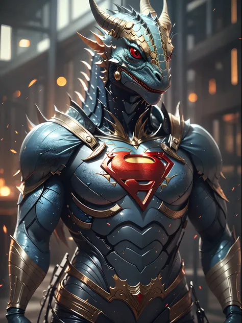 lizard, blue and red scales, super man outfit, 8k, super detail, ccurate, best quality, no mask, lizard face