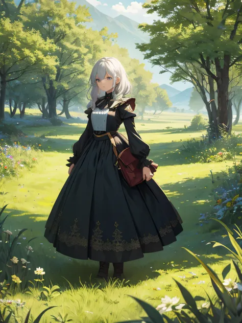 In a green meadow stands a girl leading a group of knights.
BREAK
With a brave expression, she guides them towards their destination.
BREAK
Behind her, a green forest stretches out and beyond that, mountains rise in the distance.
BREAK
The most suitable ef...