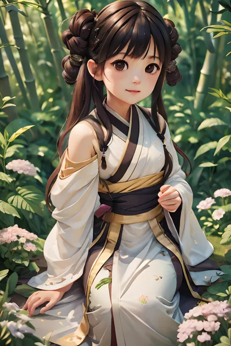 （best qualtiy，tmasterpiece，Hyper-realistic），1 beautiful and delicate girl，full bodyesbian，Playful and cute，Hanfu, Chao yang, sonoko, Bamboo, hydrangeas,(illustration: 1.0), Epic composition, Realistic lighting, HD details, Masterpiece, Best quality, (Very ...