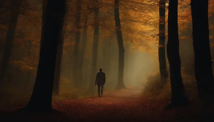 MAKE A FRIGHTENED MAN WALKING IN A SHADOWY FOREST WITH HIGH DETAILS.