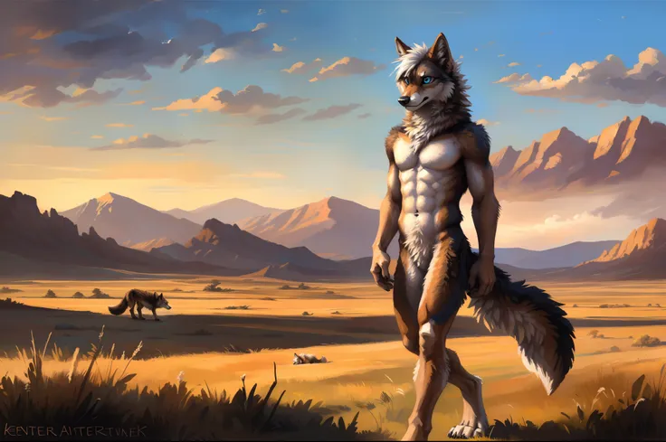 ((Solo)), male people, coyote, (Multi-colored fur, White-brown:1.3), ((Wolf face, White hair, Big eyes, White eyelids, Blue pupil, Slim:1.2) (Tough, Calm expression:1.2)), Abs, Slim, pinging)), (Correct anatomy), A big tail，Feet，Longer torso，(Realistic fur...