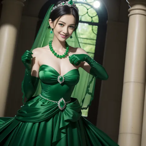 emerald tiara, Green Pearl Necklace, Boyish very short black hair, lipsticks, Japan woman smiling, very short short hair, big breasts beautiful, Green eyes, Long green gloves made of satin material, Green eyes, Emerald Earrings