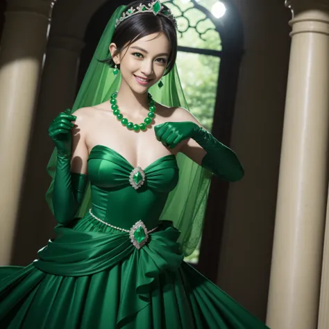 emerald tiara, Green Pearl Necklace, Boyish very short black hair, lipsticks, Japan woman smiling, very short short hair, big breasts beautiful, Green eyes, Long green gloves made of satin material, Green eyes, Emerald Earrings