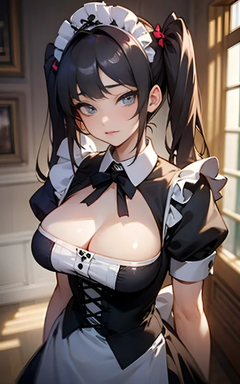 (Original Character、Unity 16K Wallpaper, Masterpiece, Best Quality, Ultra-Detailed, Extremely Detailed CG, Caustics, Cinematic Lighting, Detailed, Beautiful Detailed Eyes, solo,sexy women), Ultra High Resolution, fine skin, ((maid, maid apron, maid headdre...