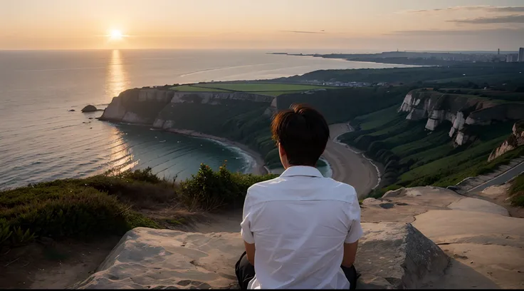 The back of an Asian boy with short hair，Facing the sea，Leisure set，Cant see the face，sitting at the edge of a cliff，Looking at the setting sun in the distance，photorealestic，super wide shot，The overall feeling is very sad，Photo texture，Movie chasing light...