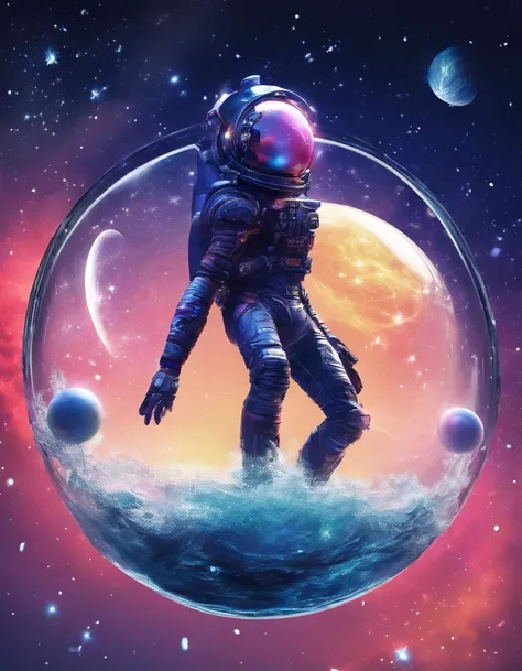 running man in the Sphere glass, he is human, he is running fast, he wear sport clothes and running shoes, sweat, he run on water face ,view from back of the man, glass transparent apple floating over clear water, universe background, deep blue sky with so...