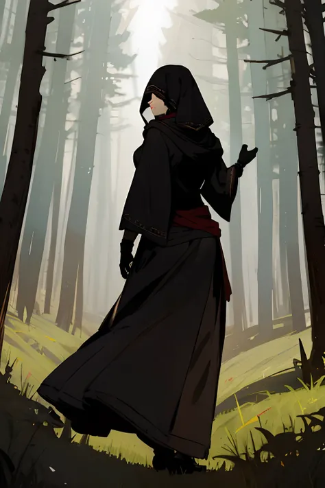 1girl, robe, dress, hood, covered eyes, black gloves, black footwear, sunlights, forest, meadow, best quality, looking back,