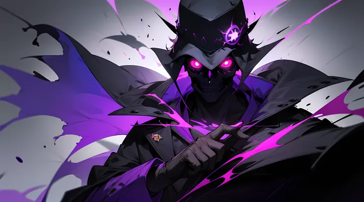 1guy, short black hair , one red eye , one purple eye ,glowing eye , purple theme , wearing gravedigger hat , gravedigger coat , putting on an black skull mask , hell , covered face , high res, ultrasharp, 1080p, masterpiece , desktop background