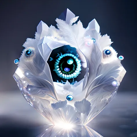 dreamlikeart levitating ice crystal of quartz, diamond,  misty, (((multiple eyes))), chromatic aberration,  insane details, intricate details, hyperdetailed, fluffy, realistic, photo, canon, dreamlike, art, colorfull leaves and branches with flowers on top...