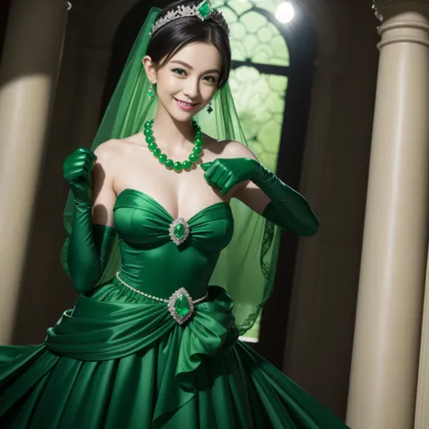 emerald tiara, Green Pearl Necklace, Boyish very short black hair, lipsticks, Japan woman smiling, very short short hair, big breasts beautiful, Green eyes, Long green gloves made of satin material, Green eyes, Emerald Earrings