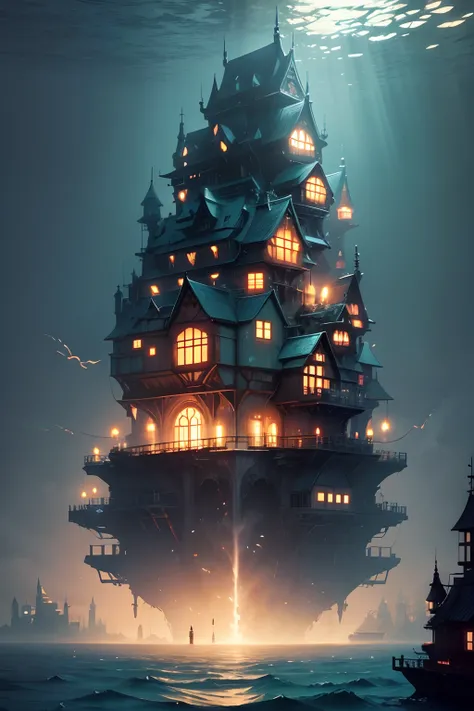 Color (Fantasy: 1.2), (Hayao Miyazaki style), (irregular building floating in the sea), patchwork cottages, flower decorations, lights, concept art inspired by Andreas Rocha, Artstation contest winner, Fantasy art, (underwater city), ross tran, light shaft...