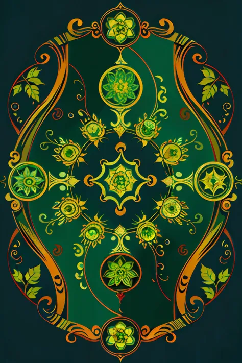 A round ornamental six pointed mandala made of radiating green vegetation, plants and vines.