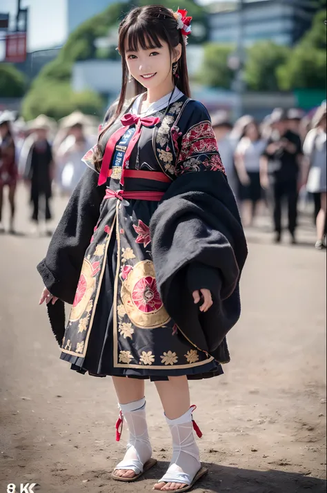 ((8K、Raw photography、Top image quality、​masterpiece、:1.2)), (realisitic、Photorealsitic:1.3), Ainu female idols, Cute 15 year old woman in Ainu costume, Female Idol Style Costume, Beautiful bare feet, Smile with all your might, Stage of an outdoor concert v...