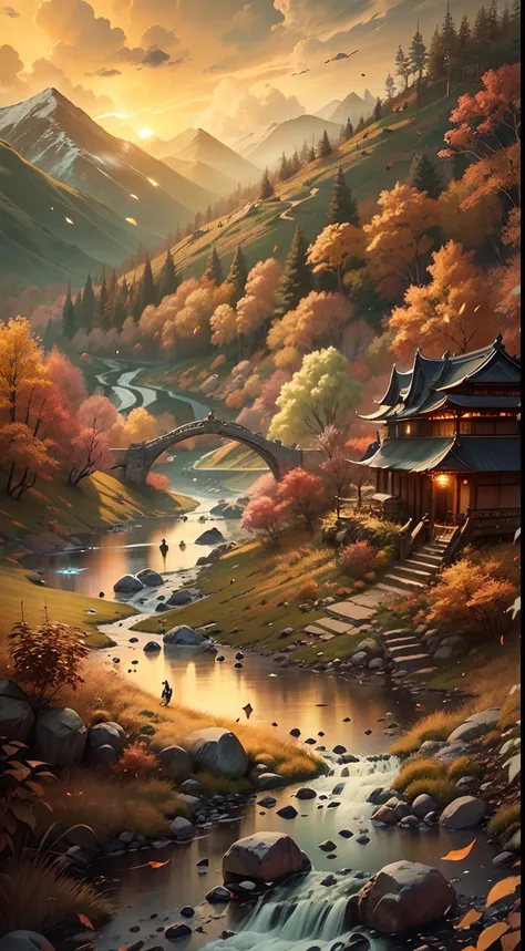 （Small bridges and flowing water，Ancient road west wind thin horse，Sunset，Broken intestines are at the end of the world）（Ancient trails lead into the distance），（A small arch bridge spans a small river，The river meanders into the distance），（The sky is windy...