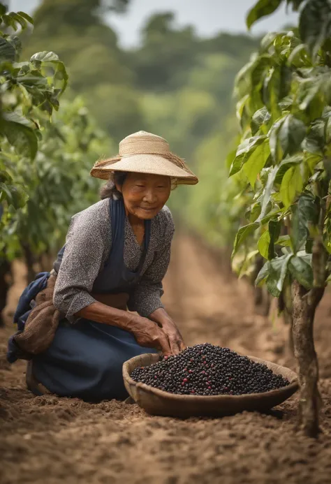 A 68-year-old lady, black pepper farmer, of Japanese origin, harvesting black pepper on a plantation, accompanied by a 12-year-old boy also from Japan, learning how to do harvesting work, blurred background, quality photographic, 8k, 16:9 resolution.