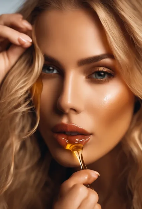 honey dipper tool dripping honey onto beautiful woman face, seductive look, honey on face, honey dripping off lips, seductive look, messy blonde hair, honey mouth