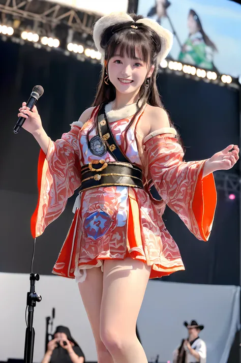 ((8K、Raw photography、Top image quality、​masterpiece、:1.2)), (realisitic、Photorealsitic:1.3), Ainu female idols, Cute 15 year old woman in Ainu costume, Female Idol Style Costume, Beautiful bare feet, Smile with all your might, Stage of an outdoor concert v...