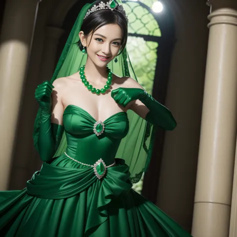 emerald tiara, Green Pearl Necklace, Boyish very short black hair, lipsticks, Japan woman smiling, very short short hair, big breasts beautiful, Green eyes, Long green gloves made of satin material, Green eyes, Emerald Earrings