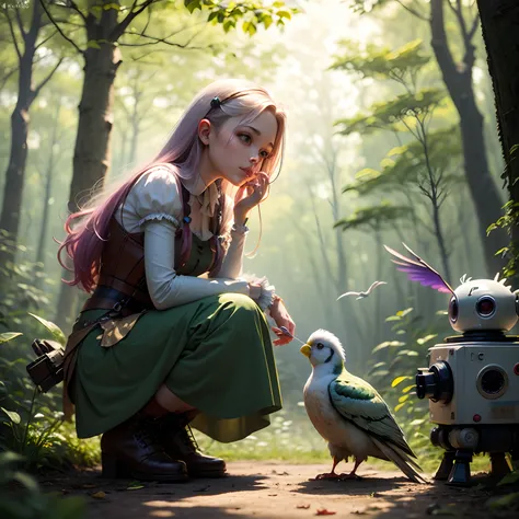 Forest nymph with her robot friend playing with the cockatiel, Rapunzel, alta qualidade, super realista, hiper detalhado, 10k.