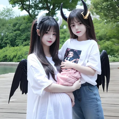 1 girl, lewd, white t shirt, demon horns, wings, black wings, standing on the lake, pregnant, holding a kid, holding a baby, midget