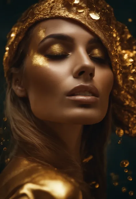 woman with golden honey dripping onto face, seductive looking up